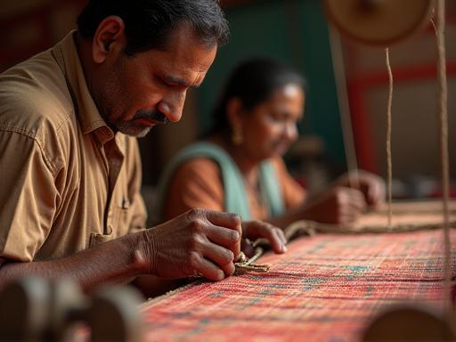 Artisans at Vastra Viraasat meticulously working on traditional Indian textiles
